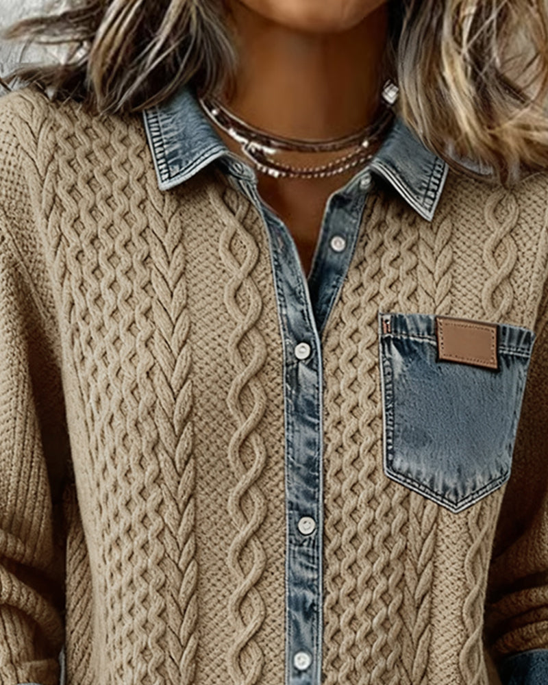Long-Sleeve Shirt with Denim Patchwork